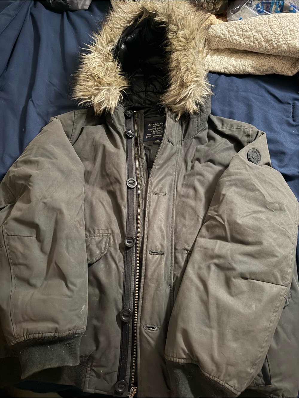 American Eagle Outfitters Olive Green Quilted Hooded Puffer with Faux Fur Trim